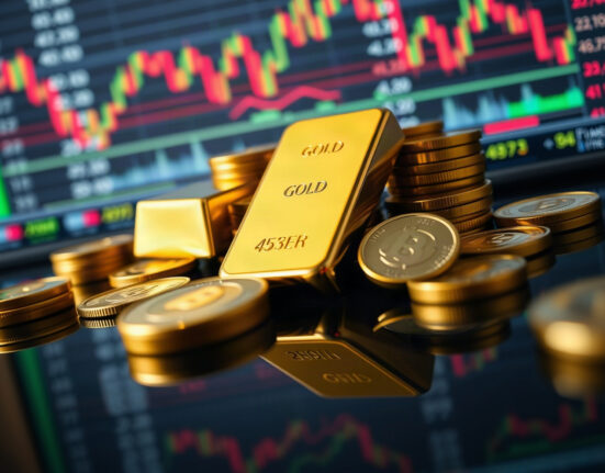 Gold bars and coins reflecting on a dark surface, with financial charts blurred in background.