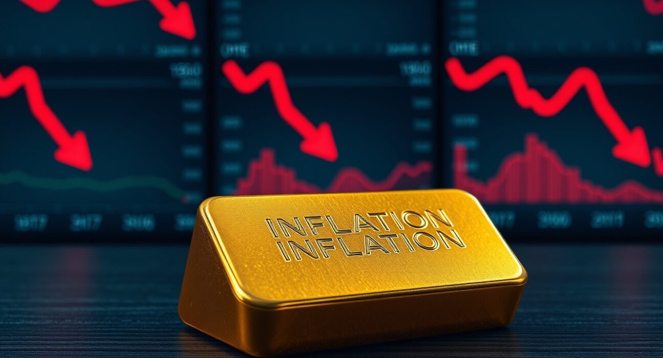 Gold bar on dark surface with financial screens showing red arrows and inflation text in background