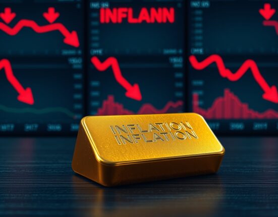 Gold bar on dark surface with financial screens showing red arrows and inflation text in background