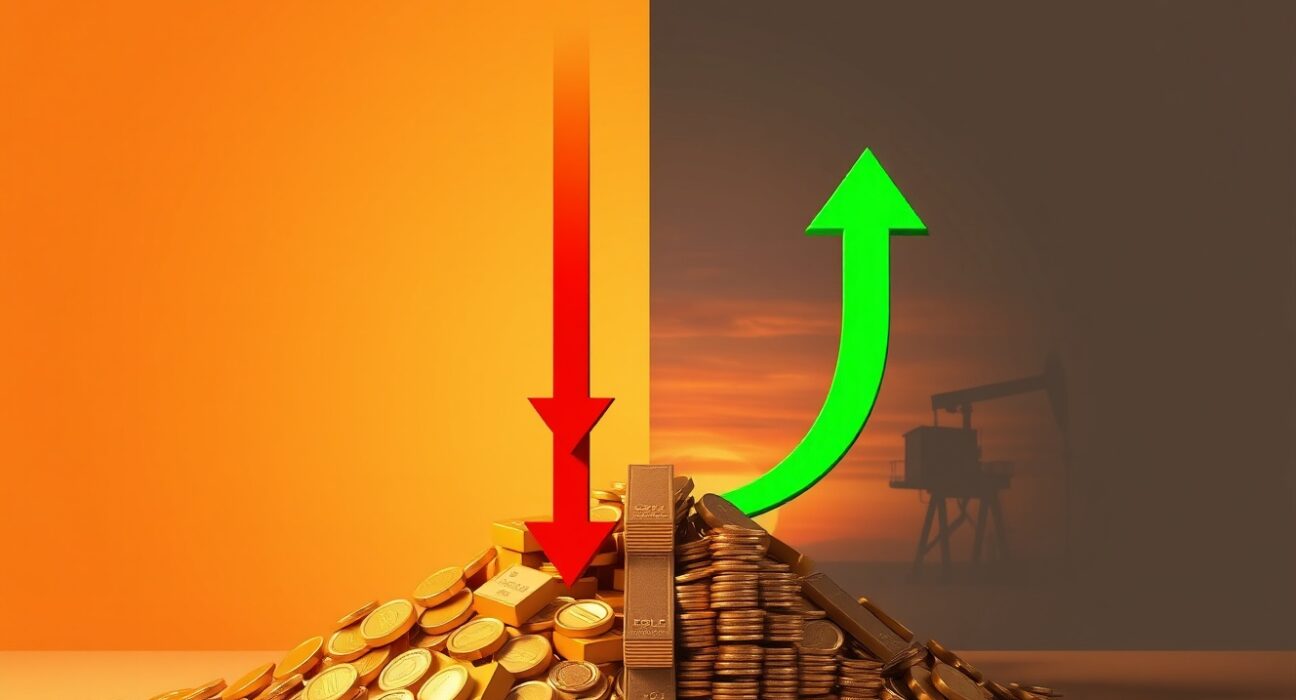 Gold tumbles as oil surge lifts yields and USD ahead of Fed decision, showing gold bars and oil rig in split scene.