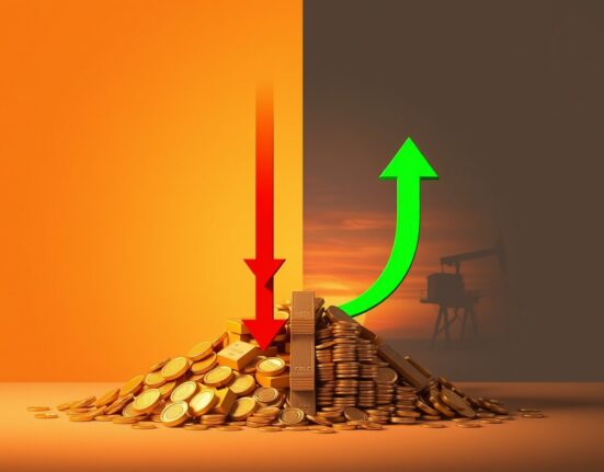 Gold tumbles as oil surge lifts yields and USD ahead of Fed decision, showing gold bars and oil rig in split scene.
