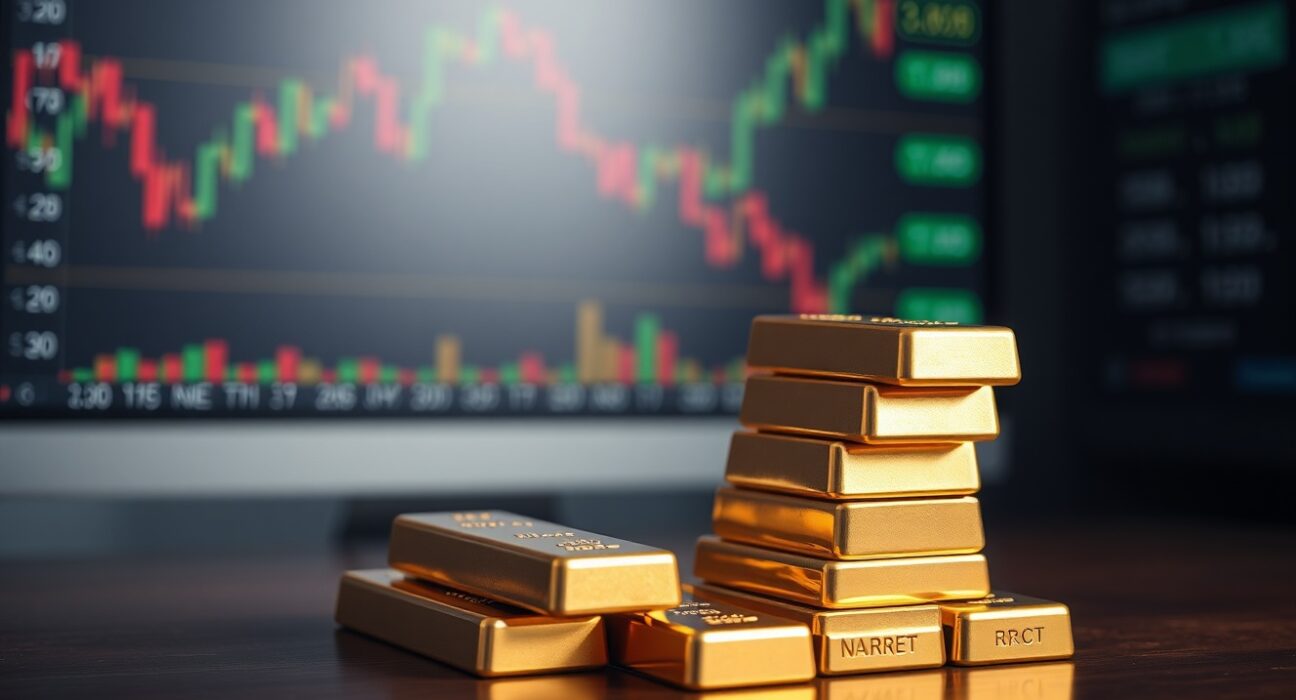 Gold bullion bars on a table with a blurred financial market monitor in the background