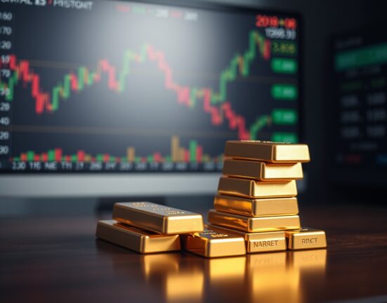 Gold bullion bars on a table with a blurred financial market monitor in the background