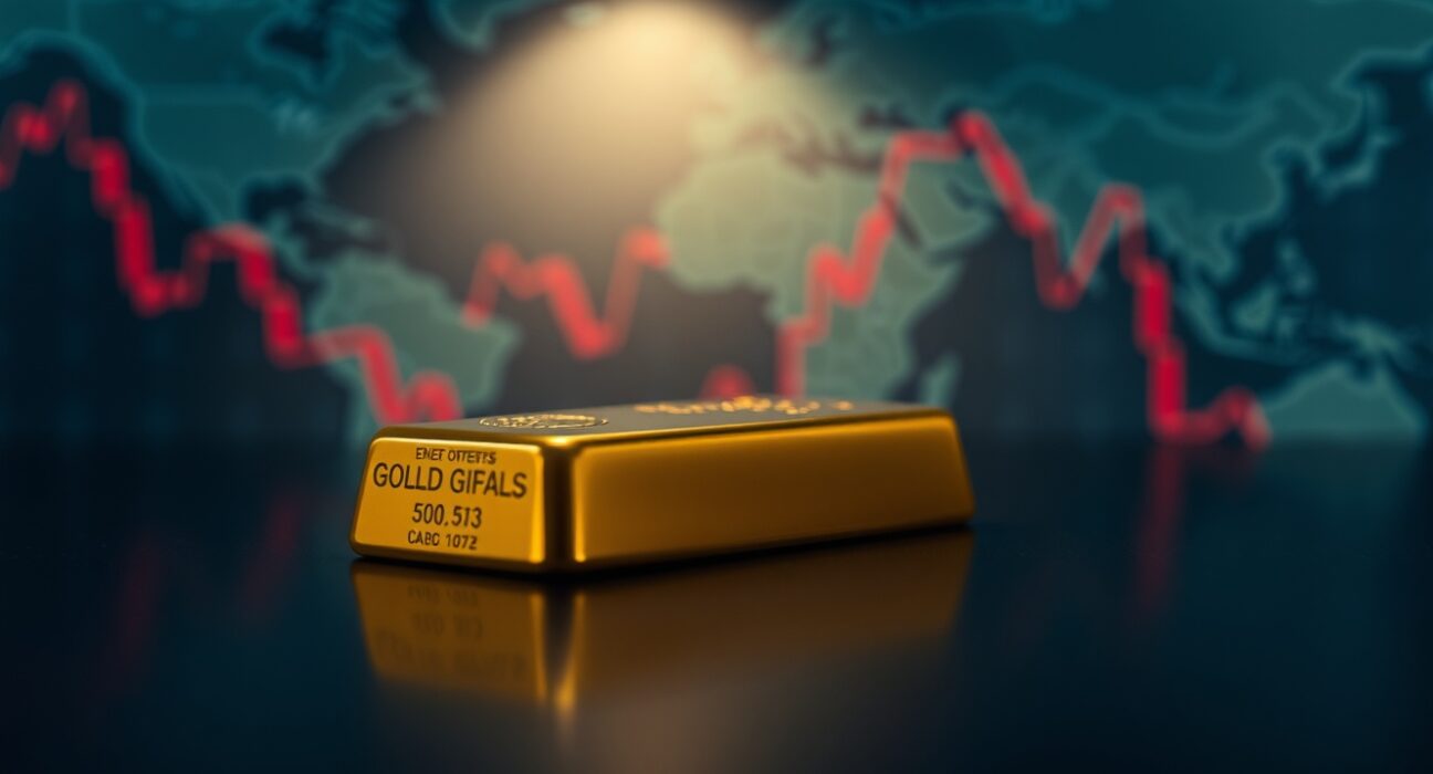 Close-up of a gold bar on a dark surface with a blurred financial chart background