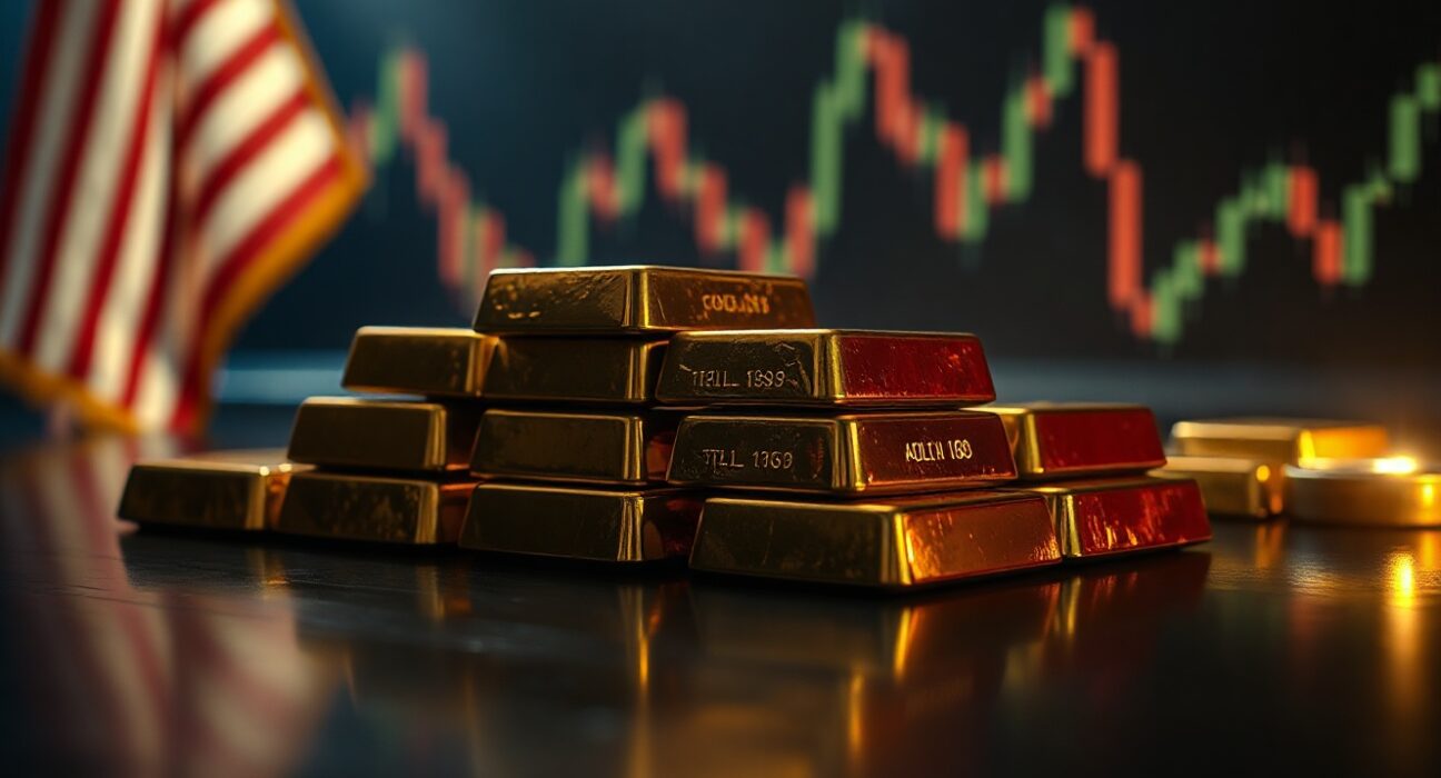 Gold bars on a dark surface with a subtle financial chart background, symbolizing market movements.