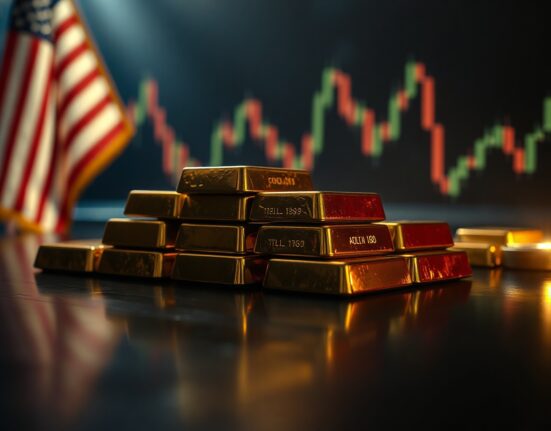 Gold bars on a dark surface with a subtle financial chart background, symbolizing market movements.