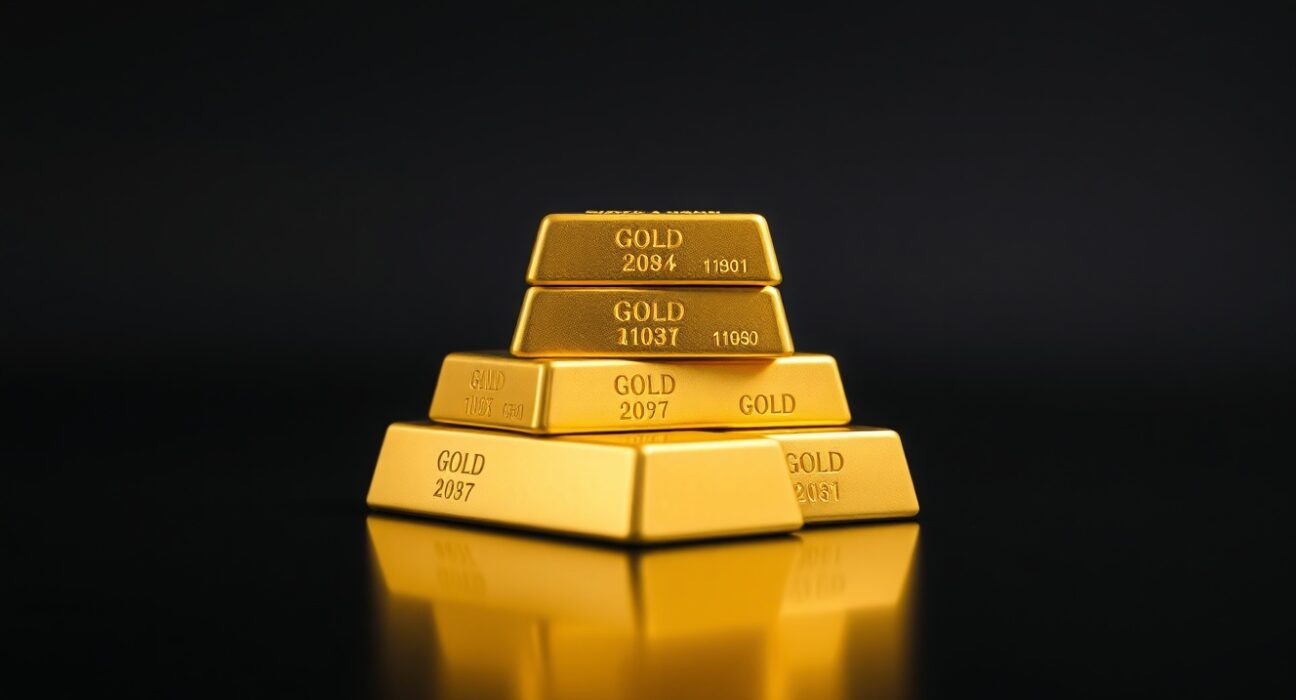 Close-up of gold bars on a dark reflective surface representing safe-haven demand.
