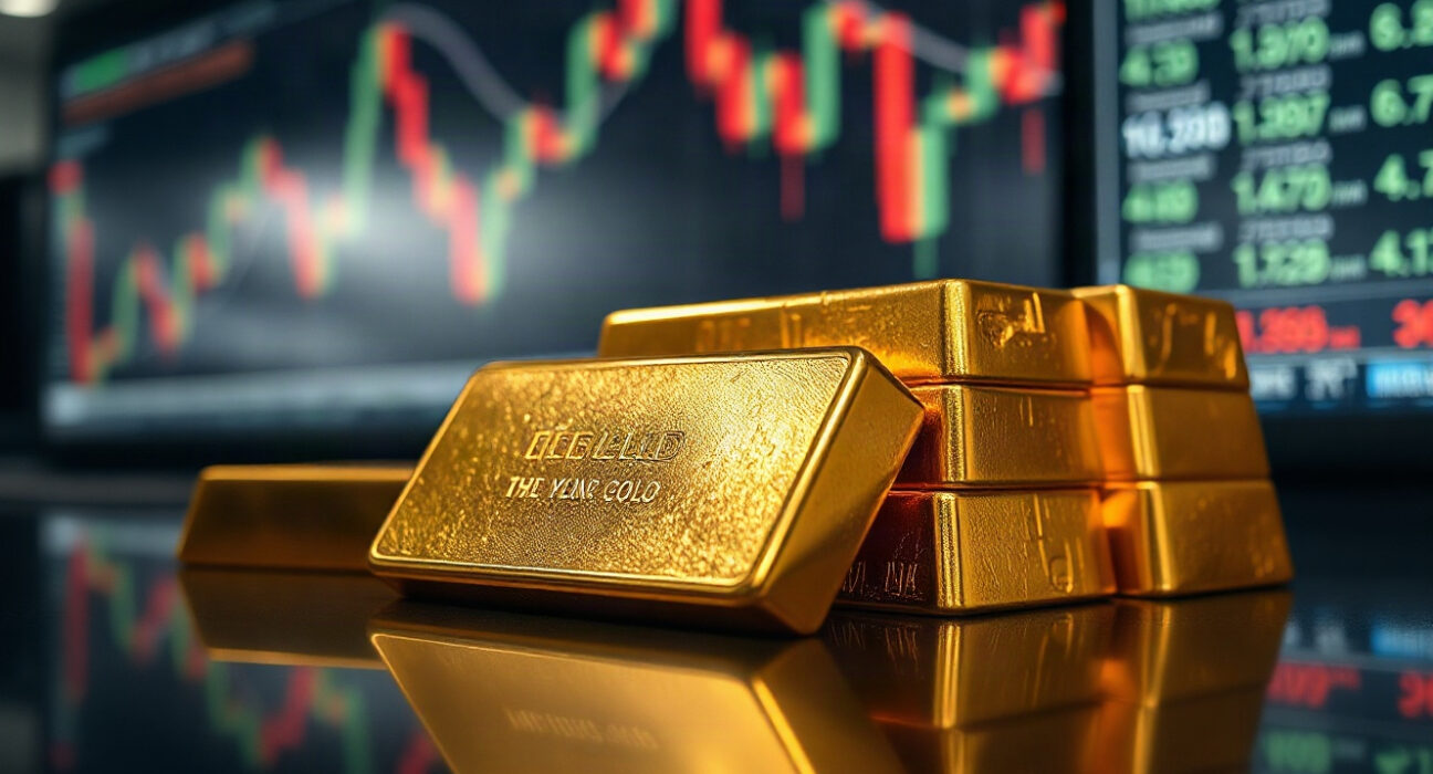 Gold bullion bars on a reflective surface with a blurred financial chart in the background