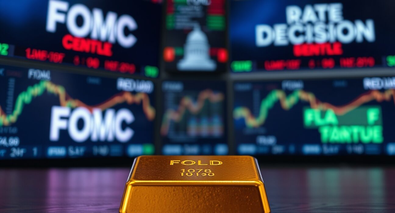 Gold bar on dark surface with blurred financial market ticker in background