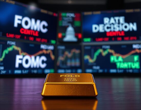 Gold bar on dark surface with blurred financial market ticker in background