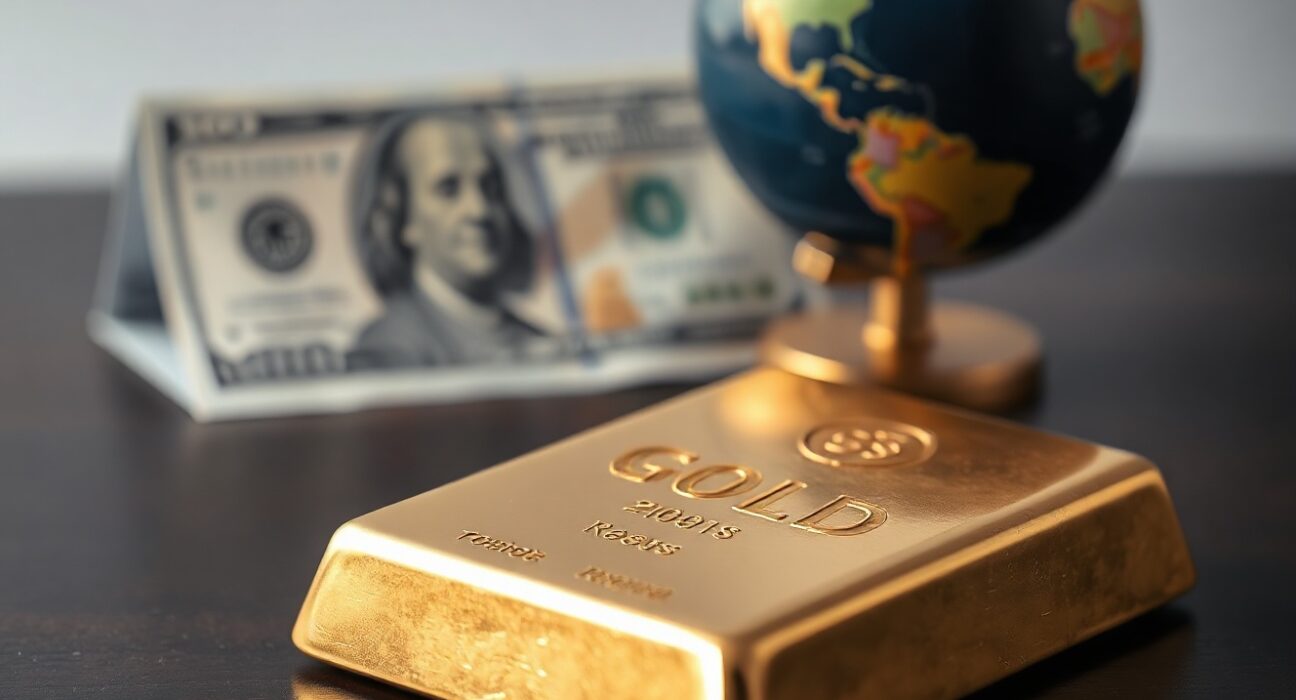 A gold bar on a dark surface with a US dollar bill and globe in the background, representing gold price dynamics.