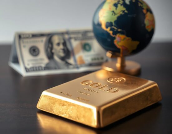 A gold bar on a dark surface with a US dollar bill and globe in the background, representing gold price dynamics.