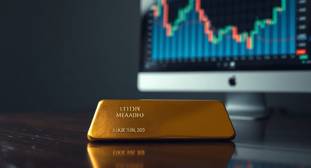 Gold bar on wooden surface with financial chart in background indicating downward trend