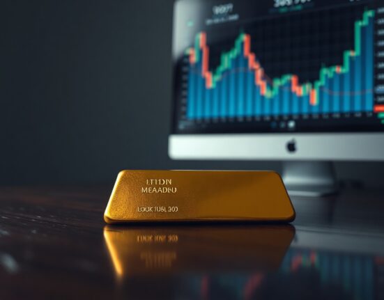 Gold bar on wooden surface with financial chart in background indicating downward trend