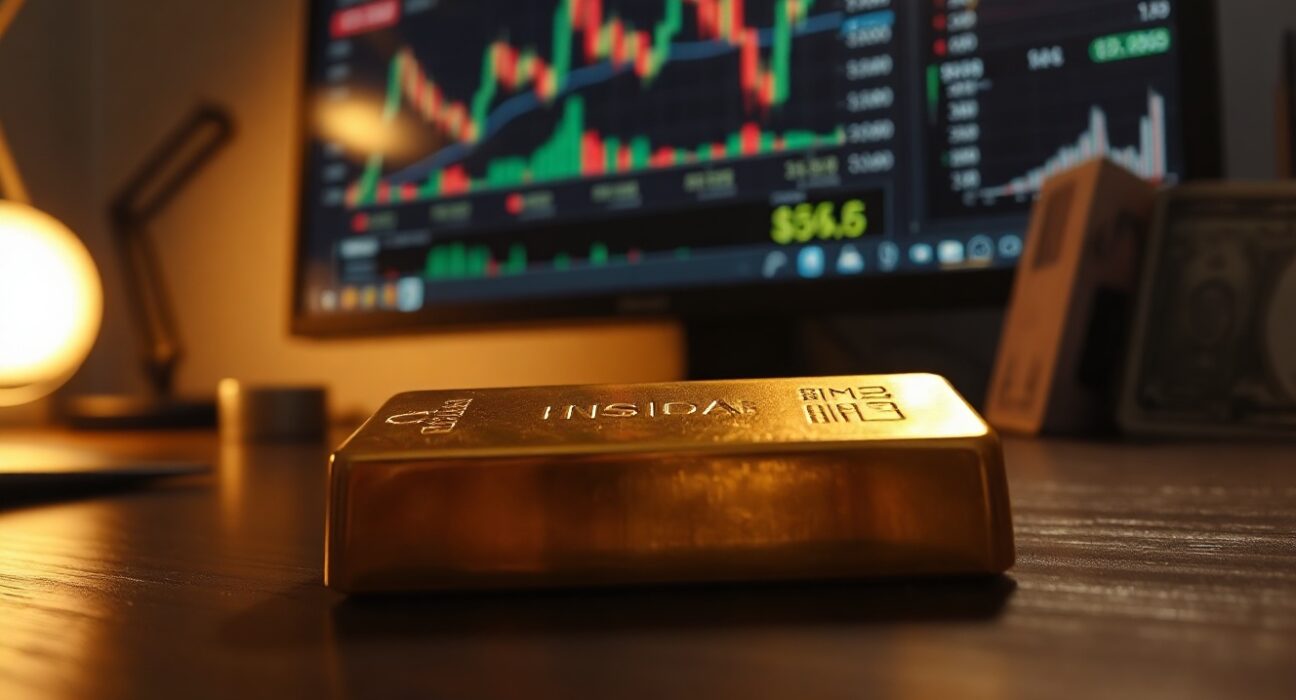 Gold bar on a desk with financial charts and a US dollar bill in the background