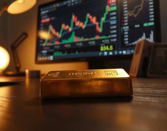 Gold bar on a desk with financial charts and a US dollar bill in the background
