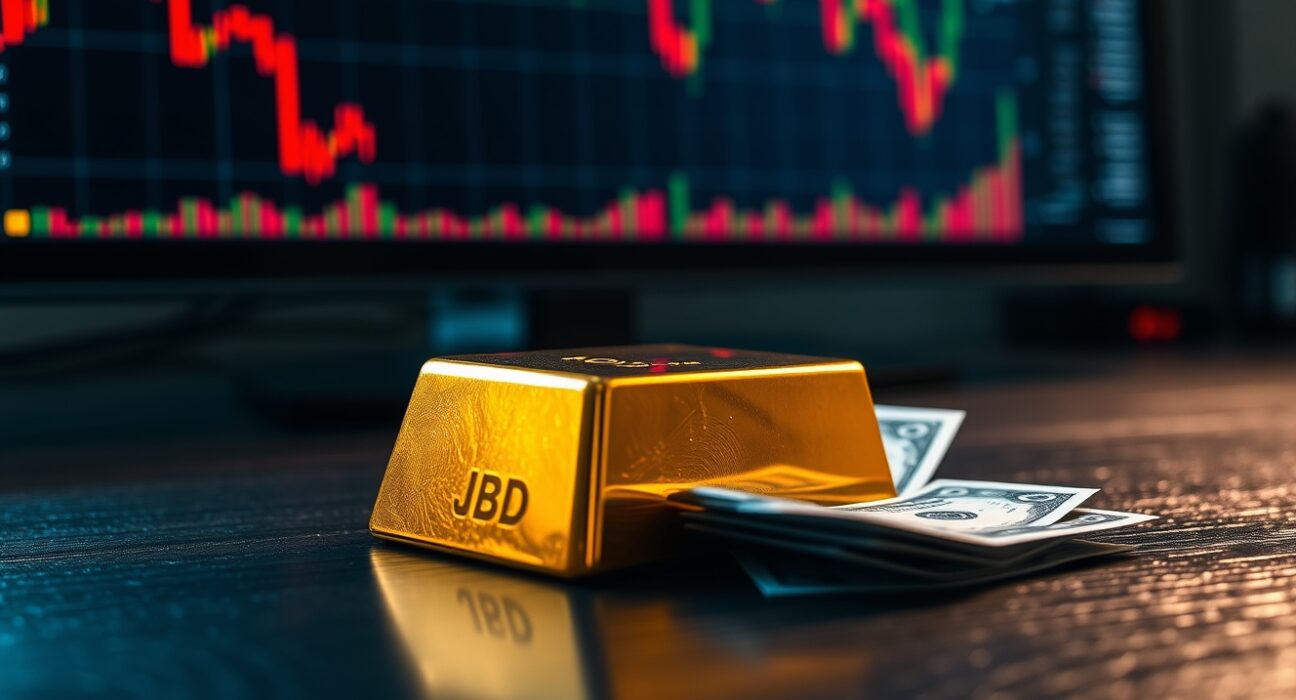 Gold bar on wooden surface with financial chart showing downward trend in background