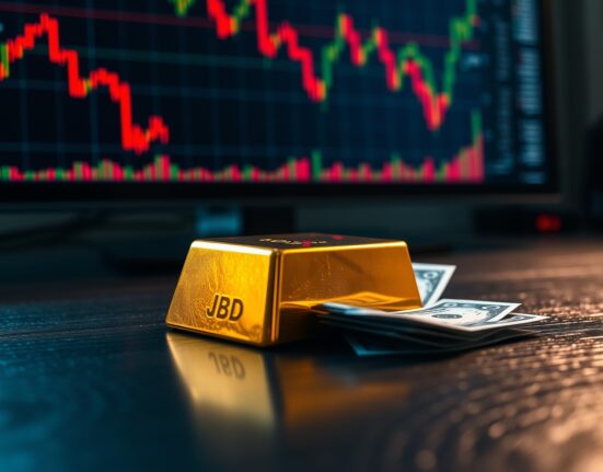 Gold bar on wooden surface with financial chart showing downward trend in background