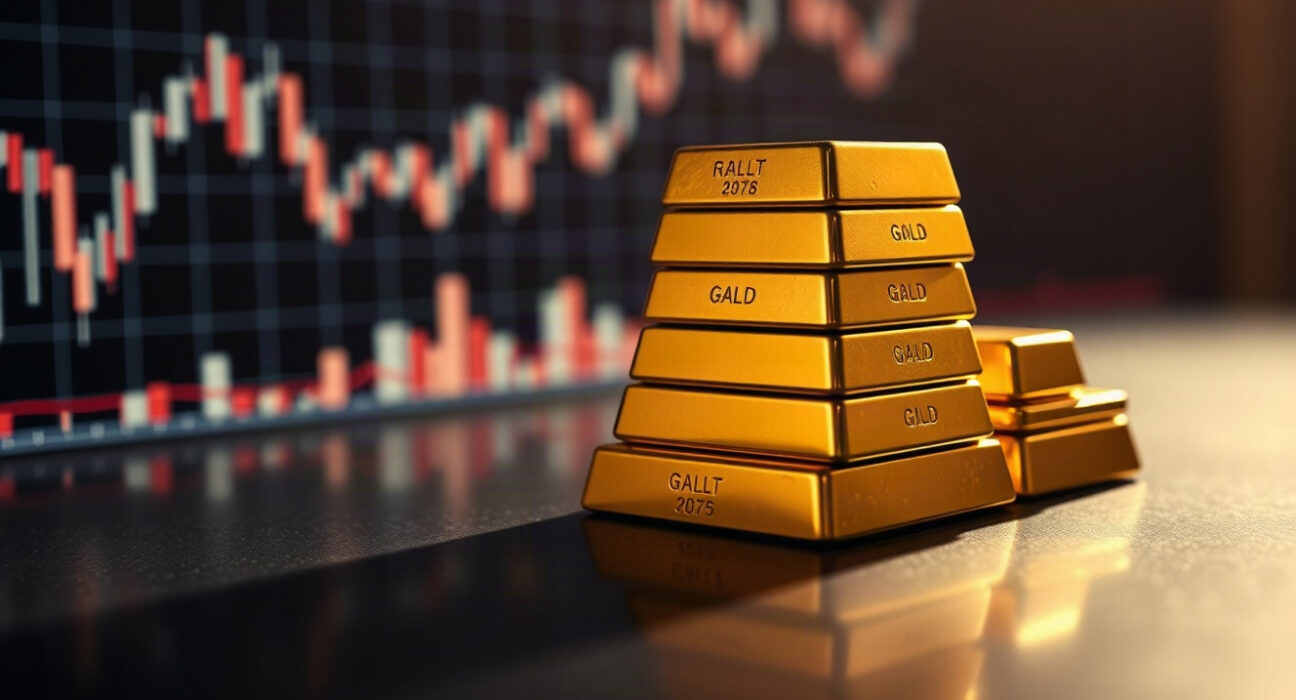 Gold bullion bars with a blurred stock chart background, symbolizing market analysis and upside potential.