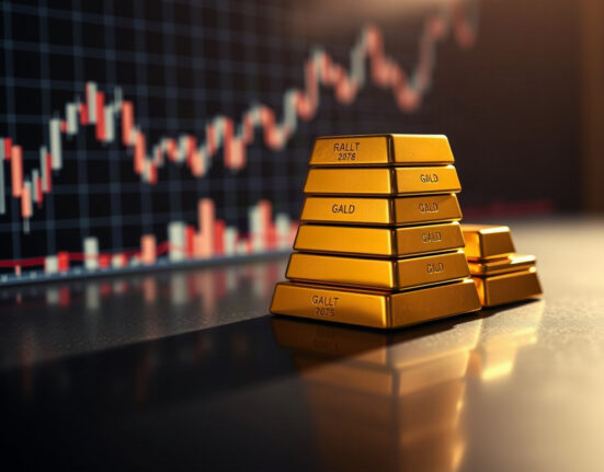 Gold bullion bars with a blurred stock chart background, symbolizing market analysis and upside potential.