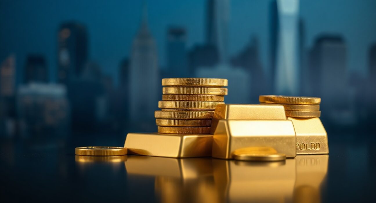 Gold bullion coins and bars on a reflective surface, representing gold market analysis.