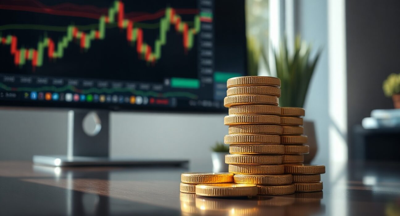 Gold bullion coins and bars on a reflective surface with a financial chart in the background, symbolizing market analysis.