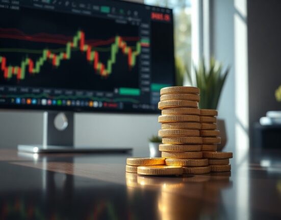 Gold bullion coins and bars on a reflective surface with a financial chart in the background, symbolizing market analysis.