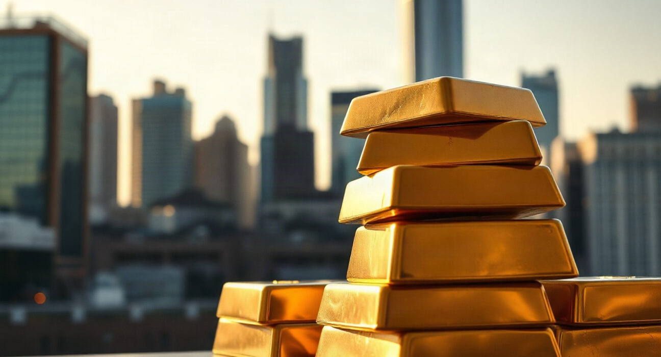 Gold bullion bars in foreground with financial district skyline in background