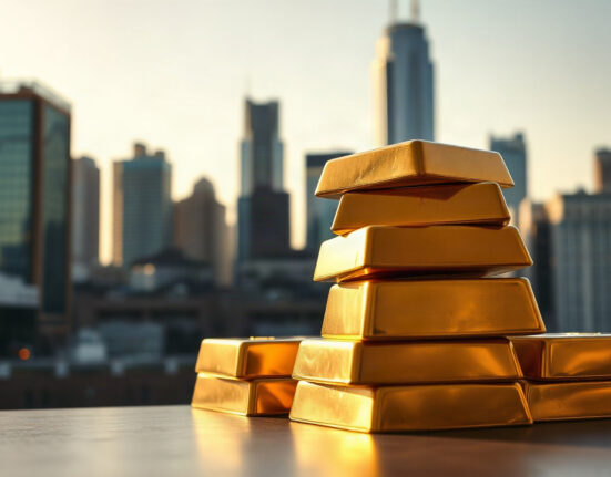 Gold bullion bars in foreground with financial district skyline in background