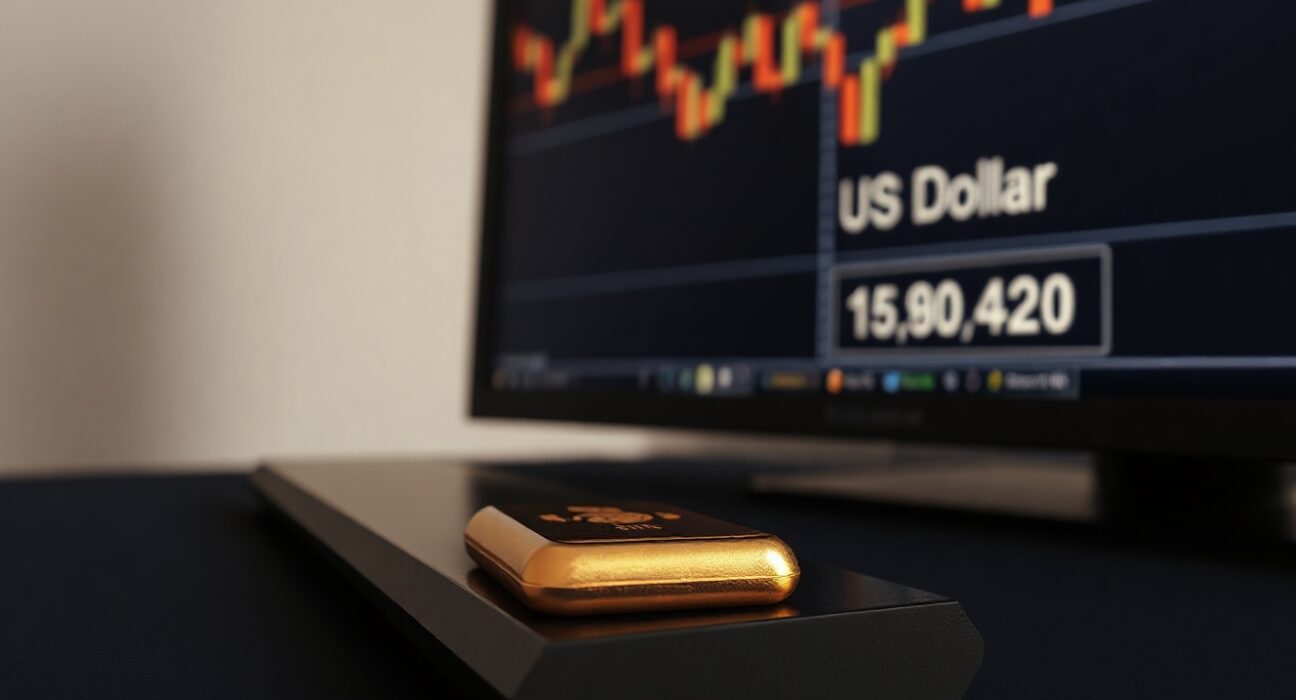 Gold bar with financial chart showing US Dollar strength in background