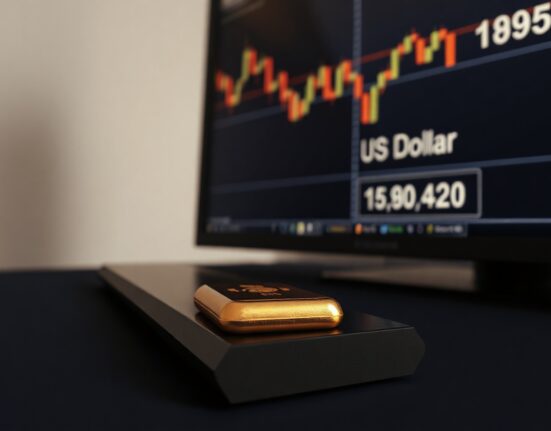 Gold bar with financial chart showing US Dollar strength in background