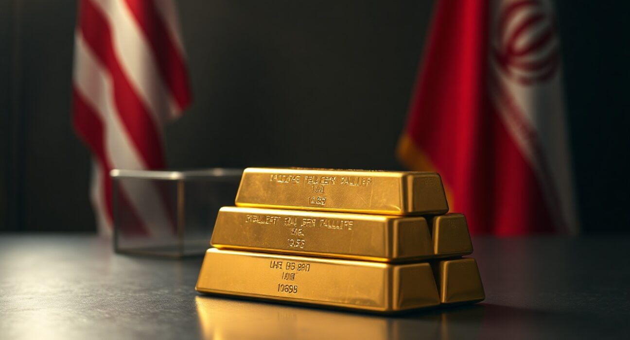 Gold bullion bars stacked on a reflective surface with US and Iranian flags blurred in background