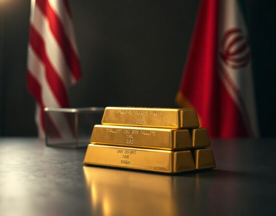 Gold bullion bars stacked on a reflective surface with US and Iranian flags blurred in background