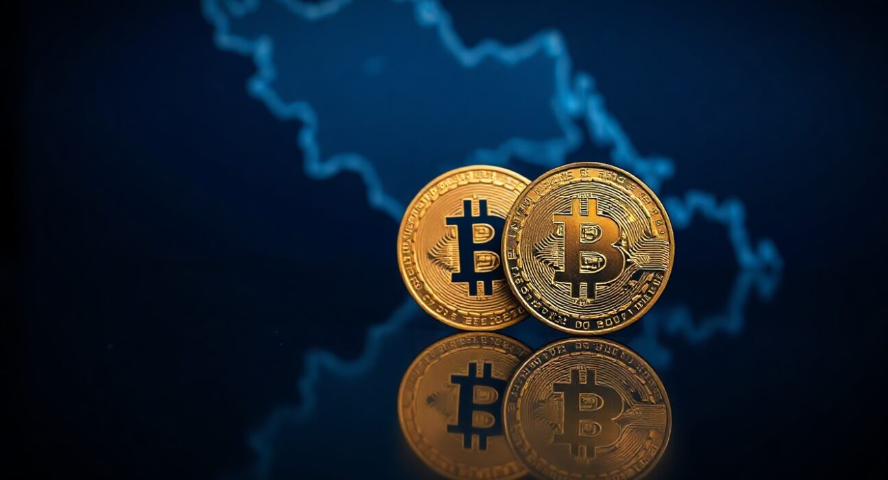 Gold coin and Bitcoin token side by side with blurred map of Strait of Hormuz in background