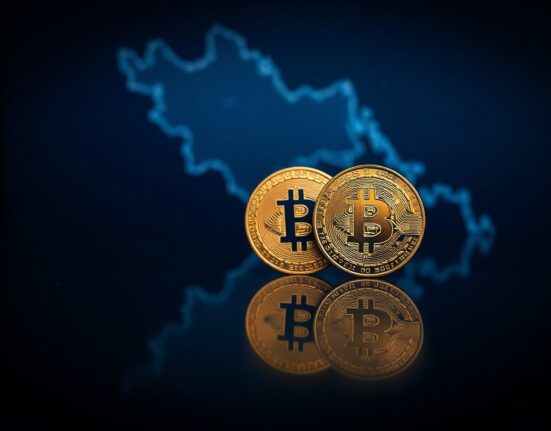 Gold coin and Bitcoin token side by side with blurred map of Strait of Hormuz in background