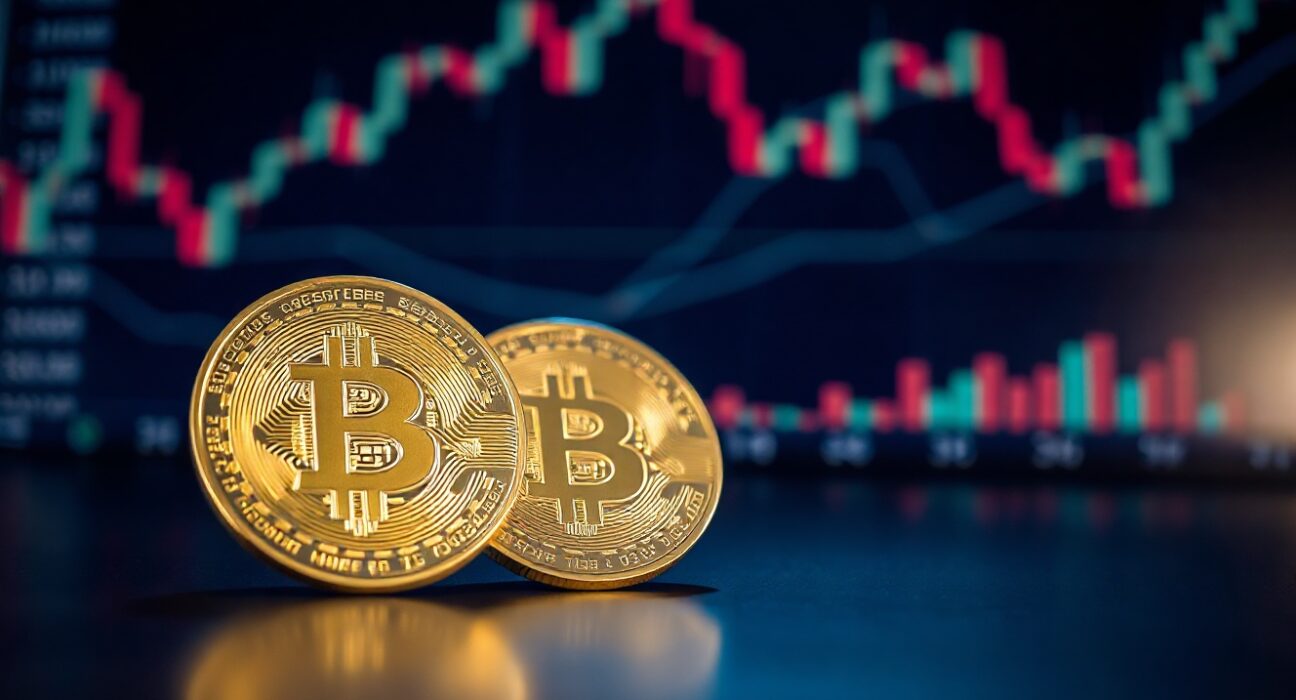 Gold coin and Bitcoin token side by side on reflective surface with charts in background