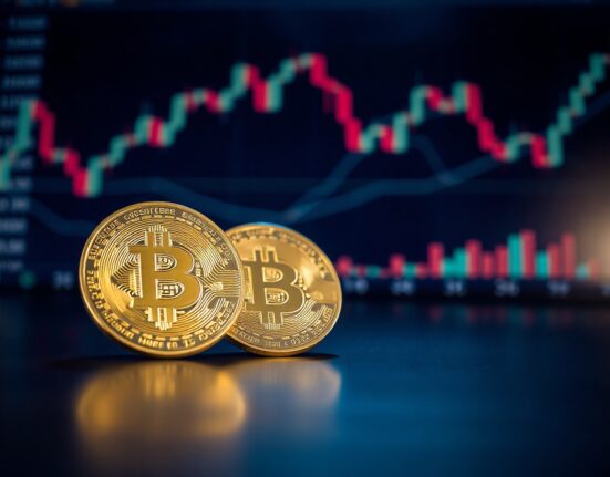 Gold coin and Bitcoin token side by side on reflective surface with charts in background