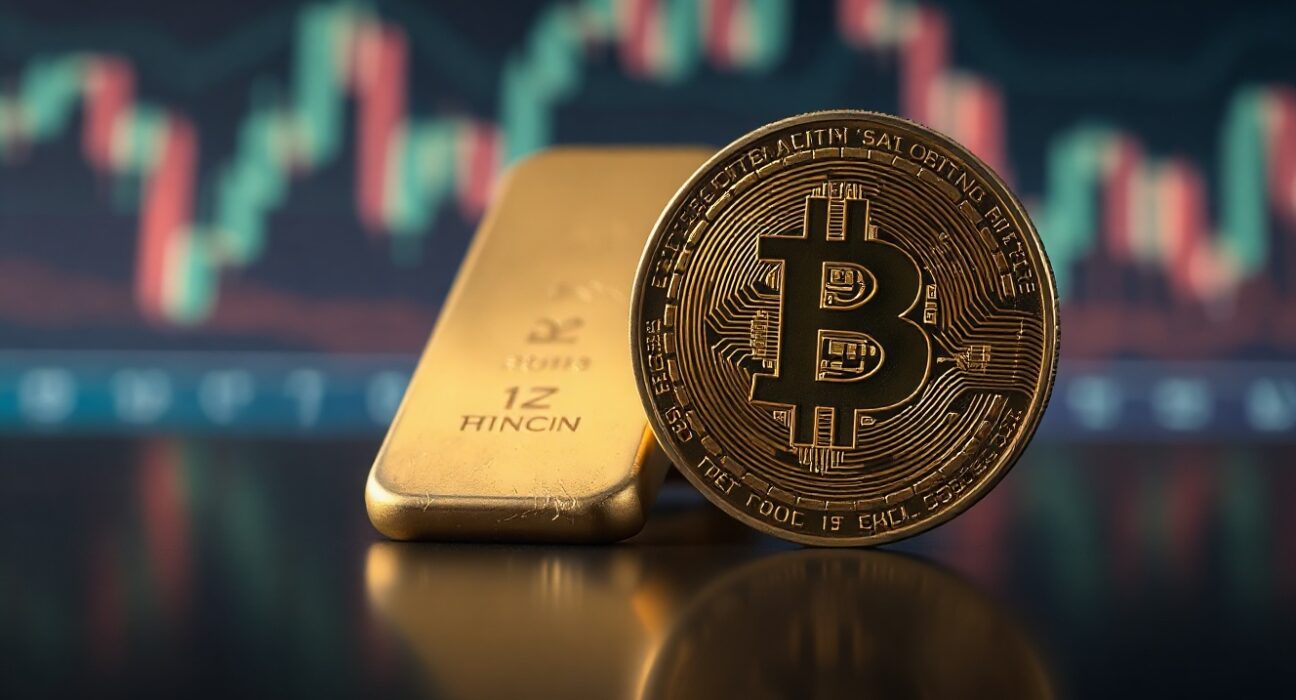 Gold bar and Bitcoin coin side by side on reflective surface with chart background