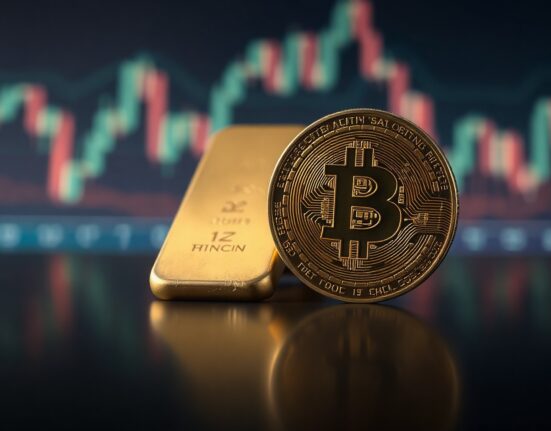 Gold bar and Bitcoin coin side by side on reflective surface with chart background