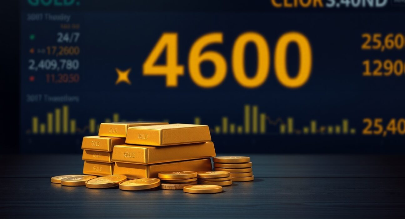 Gold bars and coins on a table with a financial ticker showing prices below 4600, representing gold vulnerable to Fed policy update.
