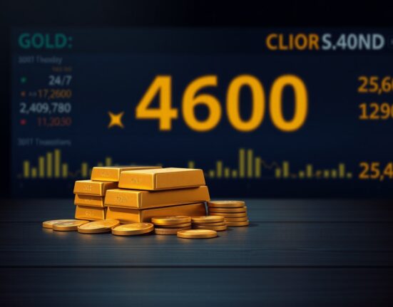 Gold bars and coins on a table with a financial ticker showing prices below 4600, representing gold vulnerable to Fed policy update.