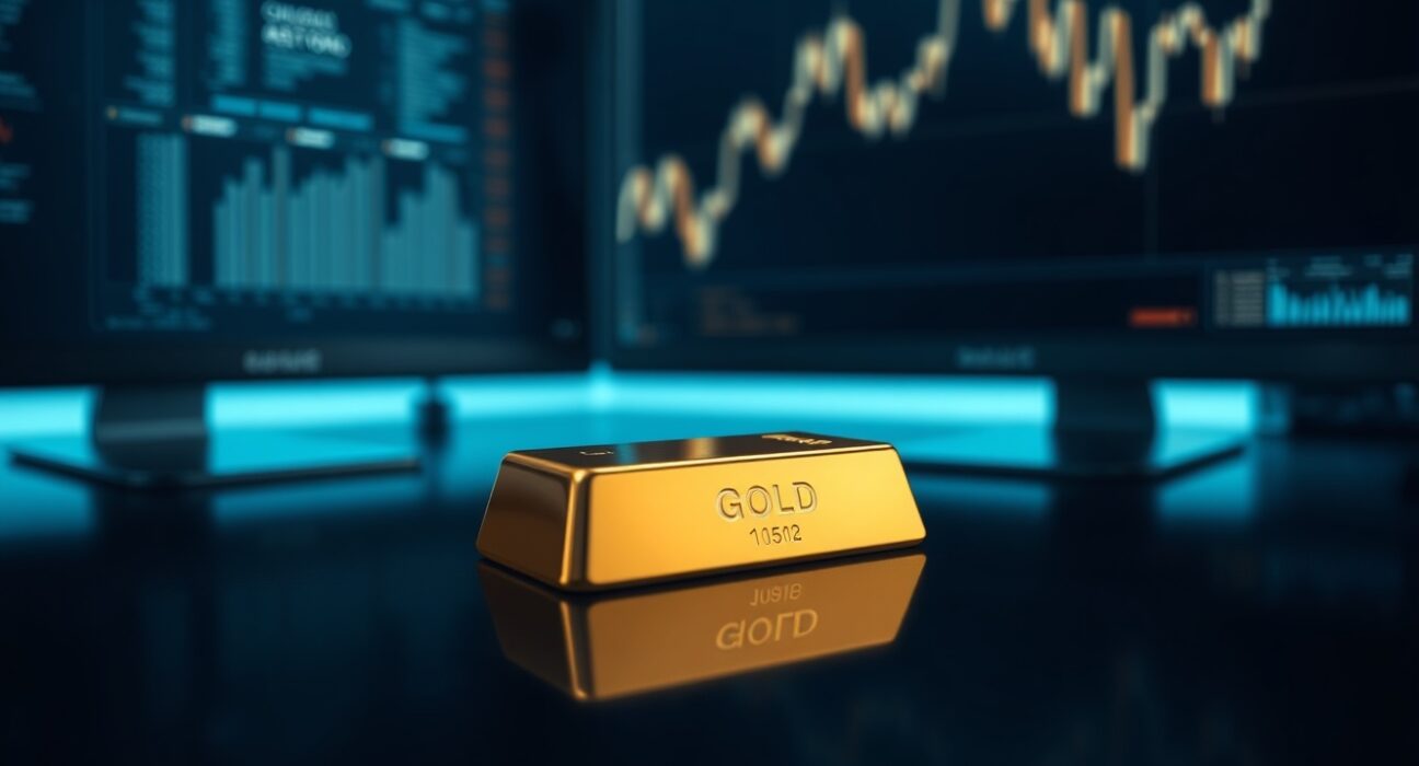 Gold bar on dark surface with downward trend chart in background