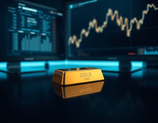 Gold bar on dark surface with downward trend chart in background