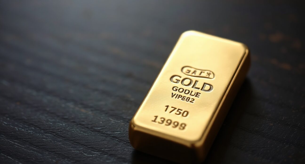 Close-up of a gold bar on a dark wooden surface with soft lighting, representing gold price vulnerability amid Fed rate expectations.