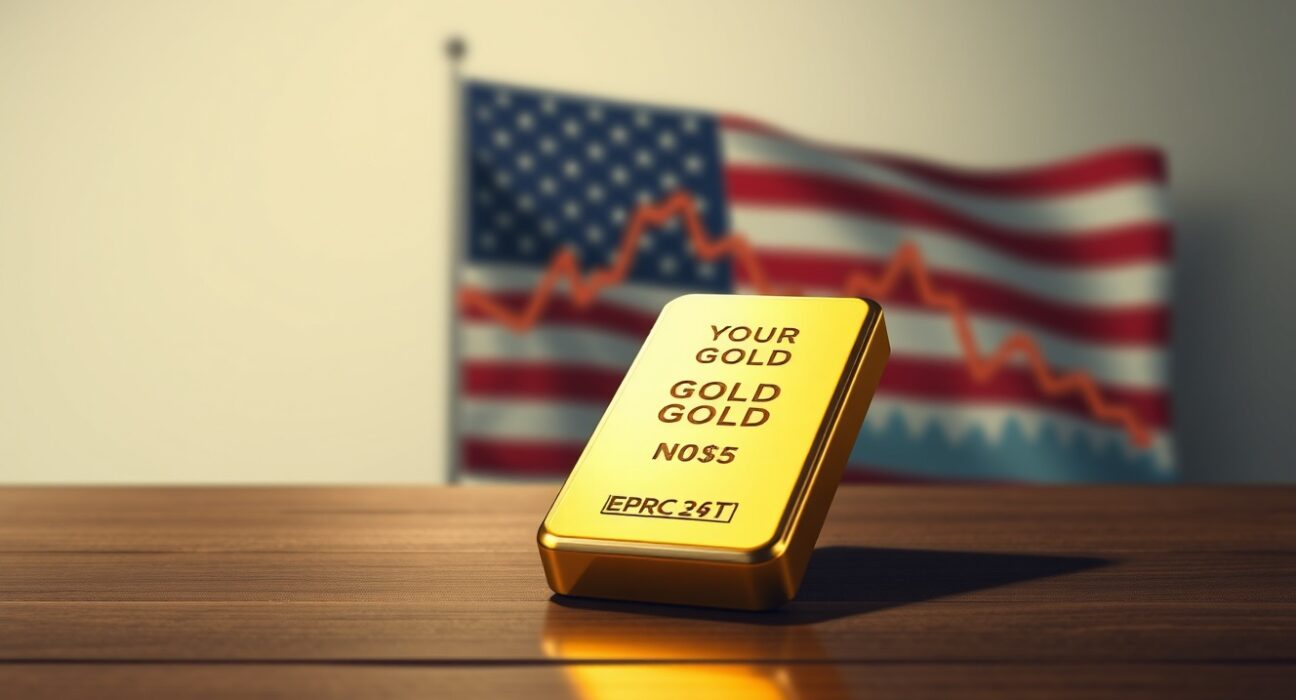 Gold bar on table with financial chart and US flag background, representing gold vulnerable near three-week low ahead of FOMC