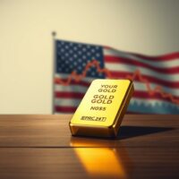 Gold bar on table with financial chart and US flag background, representing gold vulnerable near three-week low ahead of FOMC