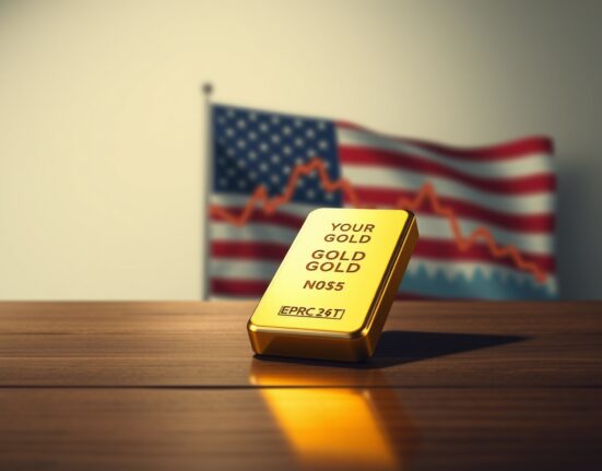 Gold bar on table with financial chart and US flag background, representing gold vulnerable near three-week low ahead of FOMC