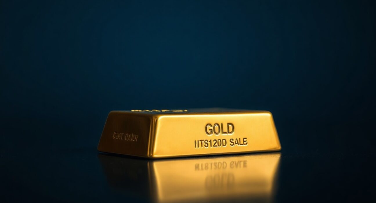 Gold bar on dark surface with subtle US dollar shadow reflecting market pressure