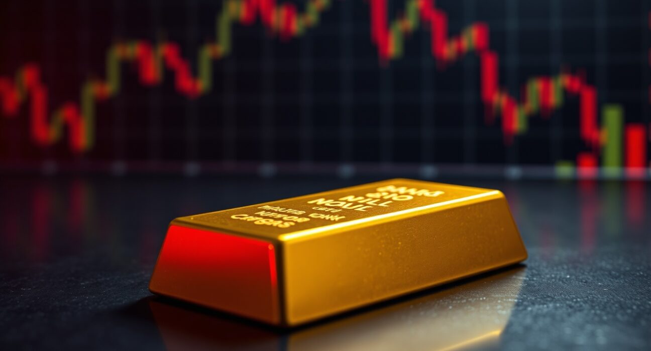 Gold bar on reflective surface with blurred financial charts in background, suggesting market vulnerability amid geopolitical risks.