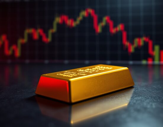 Gold bar on reflective surface with blurred financial charts in background, suggesting market vulnerability amid geopolitical risks.